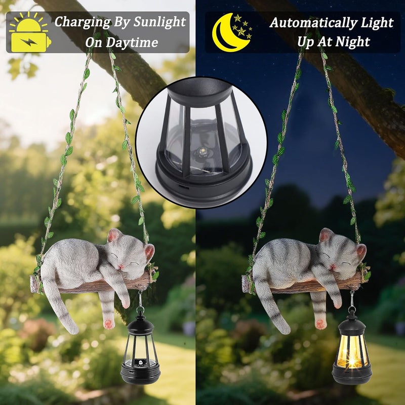 ZaaYee Solar Lighted Garden Outdoor Statue, 22.6" H Hanging Swing Lying with A Sleeping Cat and A LED Lantern, Resin Animal Figurine Hanging Ornaments with Hook for Decoration & Gift - Image 3